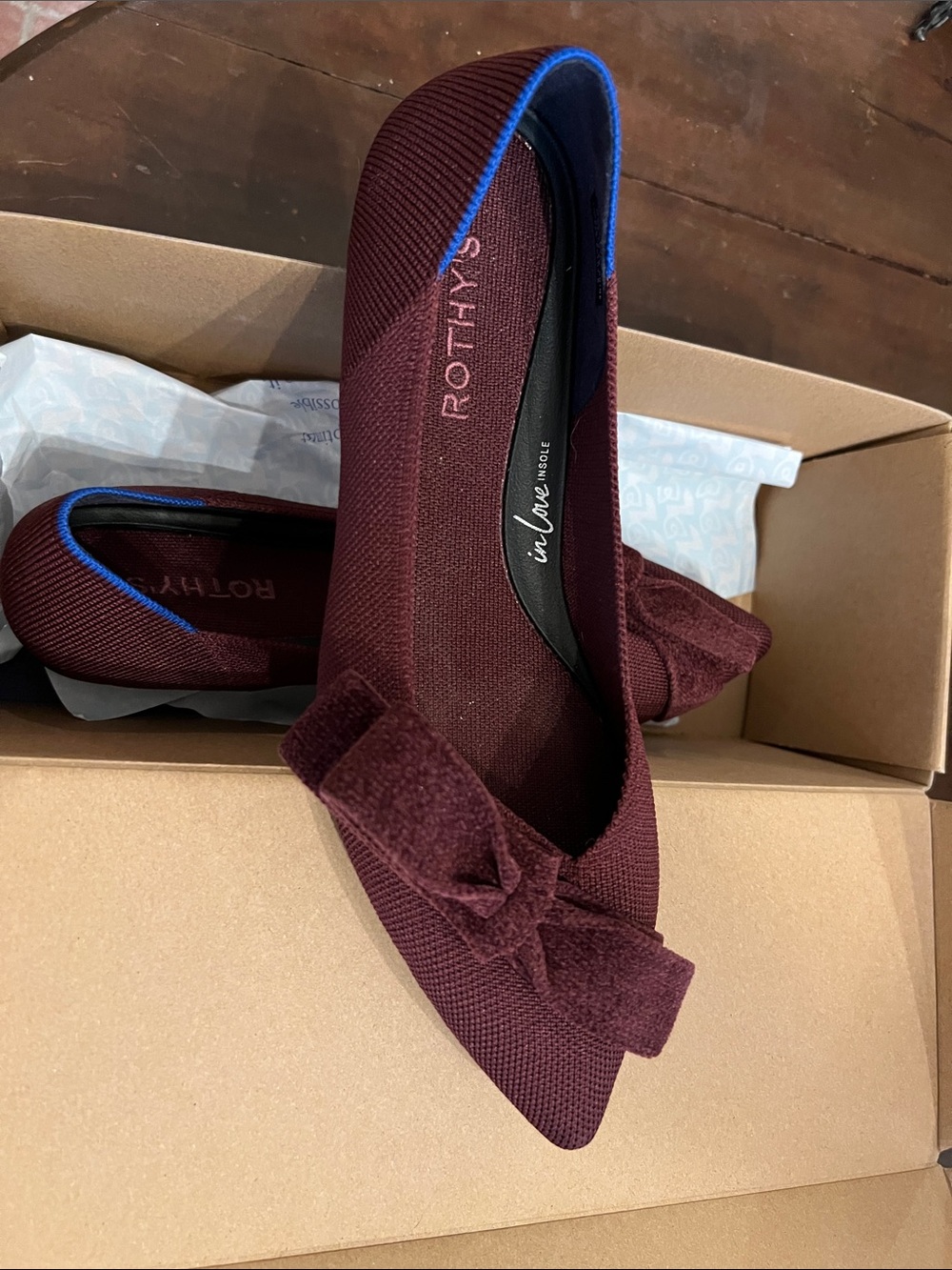 Rothy's Maroon Knit Pointed Bow Flat with Blue Trim - Picture 2 of 2